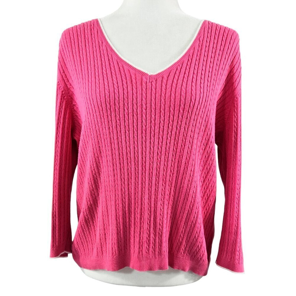 Lauren Ralph Lauren 100% Cotton Pink Cable Knit V-Neck Sweater Barbie Preppy